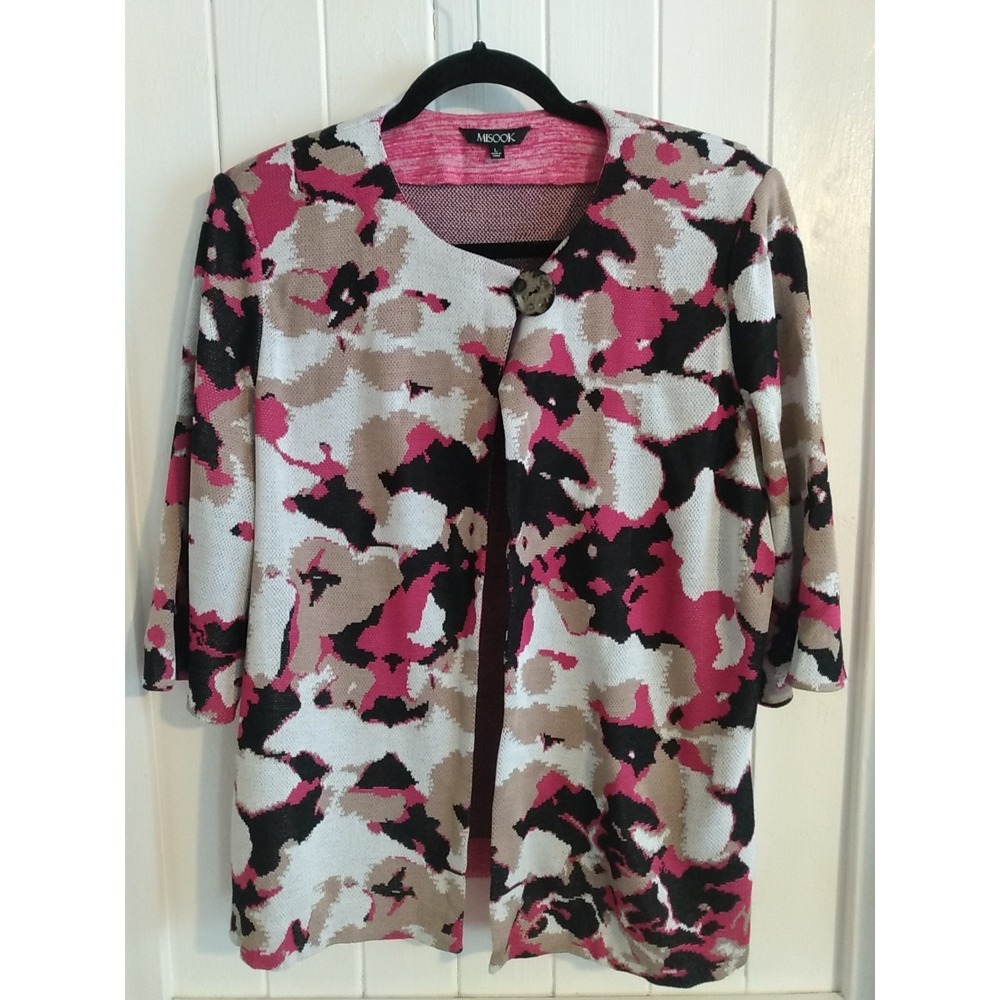 Misook Printed acrylic Knit Cardigan, Open Front Top Button Closure, Sz Large
